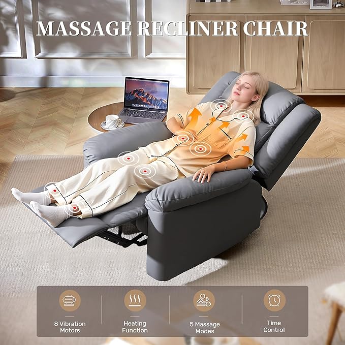 Recliner Chair with Massage & Heat, 8 Vibration Points, 5 Modes, 115-165° Reclining, Manual Recliner for Adults, Timer & Intensity Control, Faux Leather Massage Chair with Side Pocket for Living Room-Ruum Studio Home