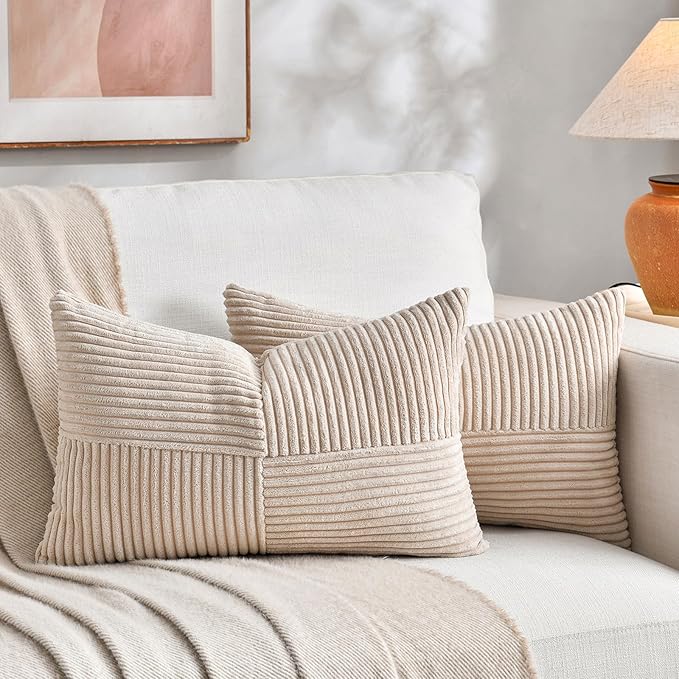 Fancy Homi 2 Packs Tan Lumbar Decorative Throw Pillow Covers 16x28 Inch for Living Room Couch Bed Sofa, Boho Home Decor, Soft Striped Corduroy Rectangle Accent Beige Cushion Case 40x70 cm-Ruum Studio Home