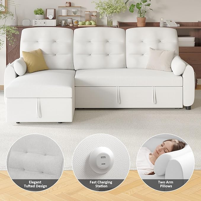 Ucloveria Sleeper Sofa Bed, 86" Convertible Sectional Sofa Couches for Living Room, 4 in 1 Pull Out Couch Bed with Reversible Storage Chaise | USB Ports | Side Pockets | Removable Backrest-Ruum Studio Home