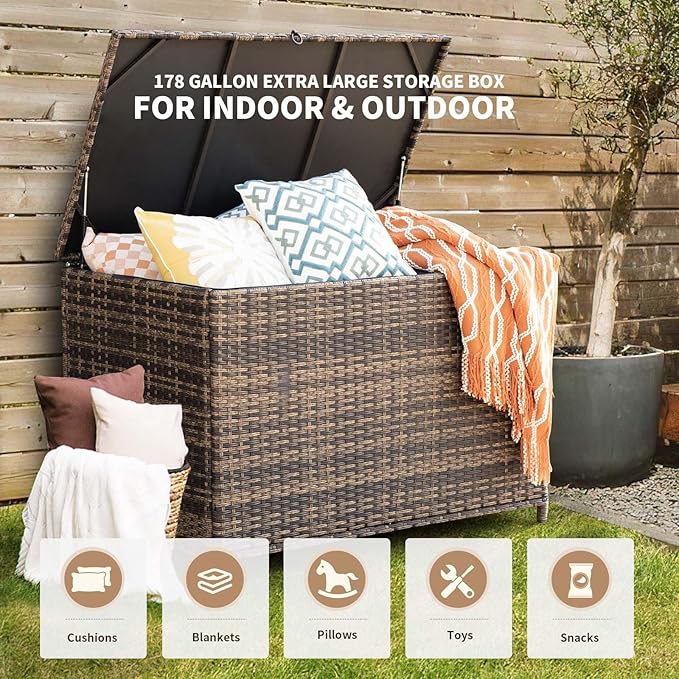 178 Gallon Outdoor Storage Box, Handle Large Portable Wicker Rattan Deck Box for Patio Furniture Cushions, Patio Deck Box with 2 WheelsThrow Pillows, Garden Tools and Pool Floats (Brown)-Ruum Studio Home