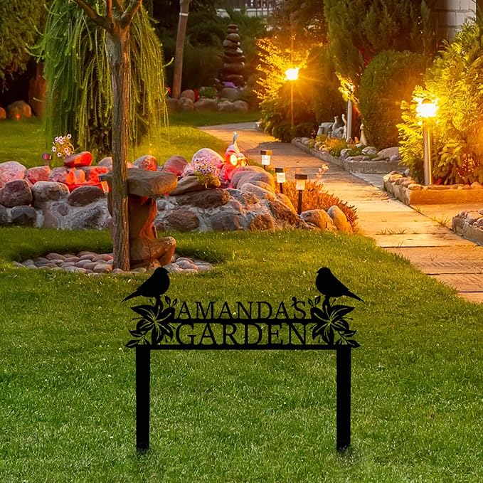 Personalized Metal Garden Name Sign with Flowers and Birds, Custom Yard Sign with Stake-Ruum Studio Home