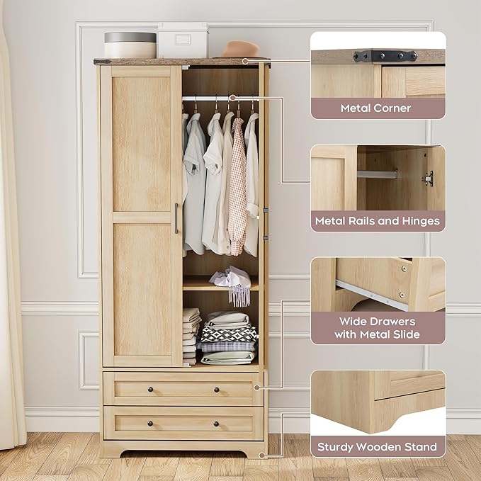 Brafab Armoire Wardrobe Closet with 2 Modern Doors Set of 2, 71" Tall Freestanding Closet Wardrobe Cabinet with Drawers and Hanging Rail, Wooden Storage Cabinet with Shelve for Bedroom,Natural-Ruum Studio Home