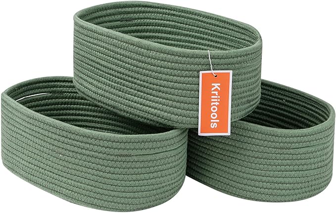 Shelf Storage Baskets for Organizing|Decorative Basket for Closet Storage|Toy Baskets&Bins|Small Woven Rope Baskets-13x8.66x5.11’’,Durable&Stylish,Oval 3 Packs Green-Ruum Studio Home