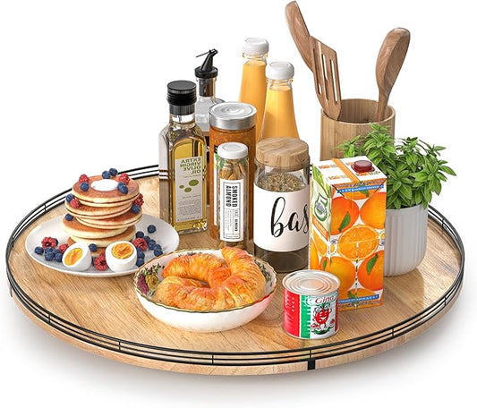 24" Lazy Susan Oak Wood Turntable Organizer for Cabinet, Farmhouse Round Wooden Large Lazy Susan Organization and Storage for Dining Table, Pantry, Kitchen, Countertop, Cupboard, Home Decor-Ruum Studio Home