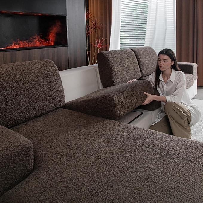 Couch Cushion Covers for Sectional Sofa, Stretch Soft Sofa Slipcovers Washable Wear-Resistant Universal Furniture Protector for Living Room(3 Seaters Covers+1 Chaise Cover, Brown)-Ruum Studio Home