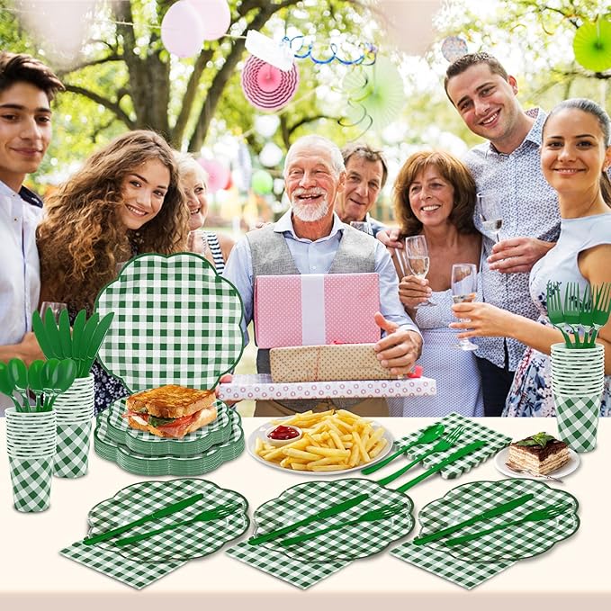 350 Pcs Green Gingham Plates and Napkins Party Supplies - Green and White Checkered Plates Sets Serve 50 Guests - Scalloped Gingham Paper Plate for Birthday Picnic BBQ Golf Party Decorations-Ruum Studio Home