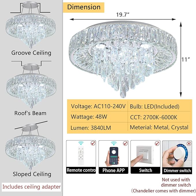 Modern Crystal Chandeliers for Dining Room LED Light Fixture Close to Ceiling Chandelier Flush Mount Ceiling Light Dimmable Lamp with Remote for Living Room Bedroom Hallway 2700K 6000K-Ruum Studio Home