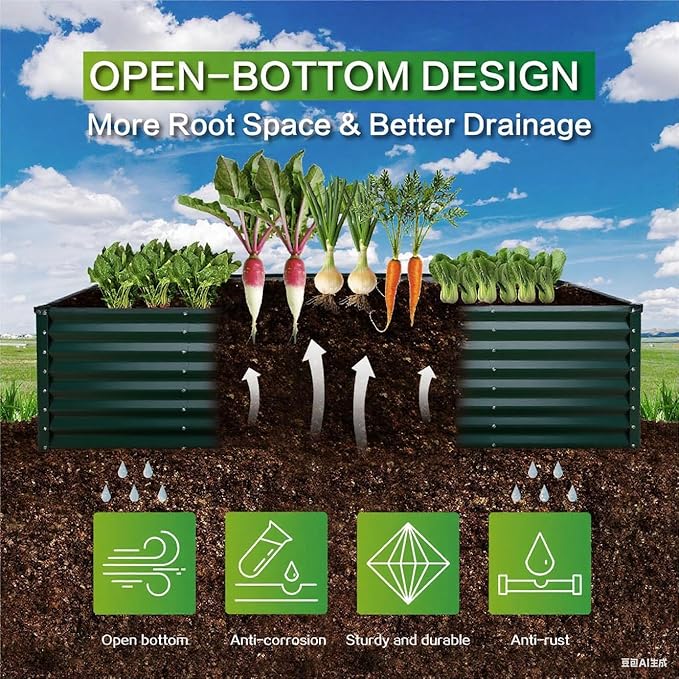 GARDMAX 8x4x2FT Galvanized Raised Garden Bed Kit, Metal Planter Boxes Outdoor with Easy Assembly, Large Garden Bed for Vegetables, Fruits, Flower, Herbs Rectangle Dark Green-Ruum Studio Home