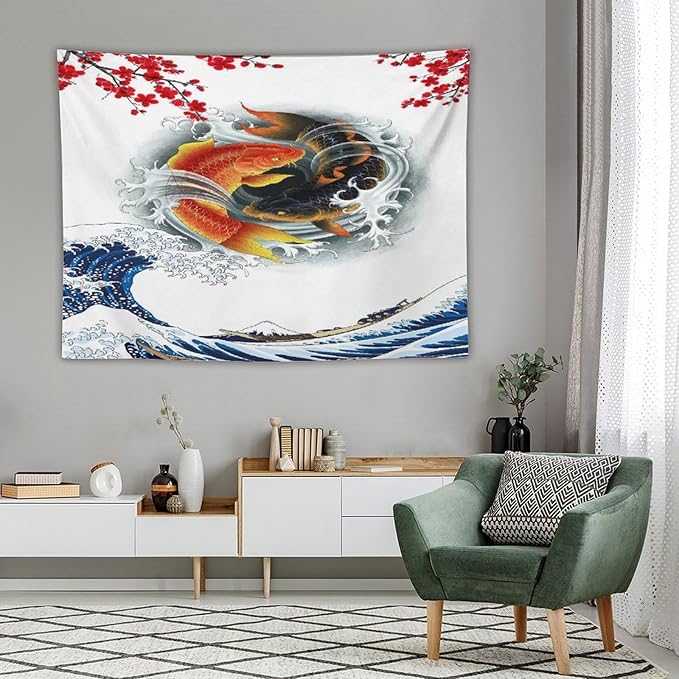 Houselerax Koi Fish Tapestry, Japanese Style Yin Yang Big Wave Cherry Blossoms Tapestries Wall Hanging for Bedroom Living Room Office Decor 80"x60"-Ruum Studio Home