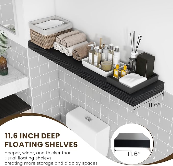 12'' Deep Floating Shelves, 48 Inch Large Floating Shelf Black, Deep Wall Shelves for Living Room Bathroom Laundry Room Bedroom Kitchen Home Office - Black-Ruum Studio Home