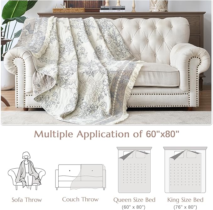 jinchan Boho Floral 100% Cotton Blanket 4-Layer Throw Blanket with Tassel Grey and White Flower Butterfly Soft Luxury Rustic Farmhouse Decor Blanket for Couch Bed 60x80 inch All Season Gift for Women-Ruum Studio Home