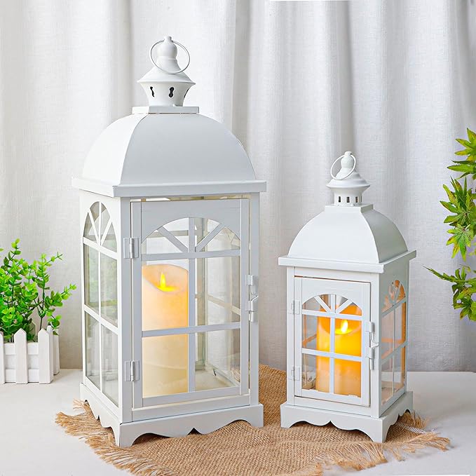 TRIROCKS Set of 2 Decorative Vintage Candle Lanterns 14.5"&20" H Farmhouse Outdoor Hanging Lanterns with Tempered Glass for Porch, Balcony, Patio, Home, Centerpieces, Indoor, Outdoor(White)-Ruum Studio Home