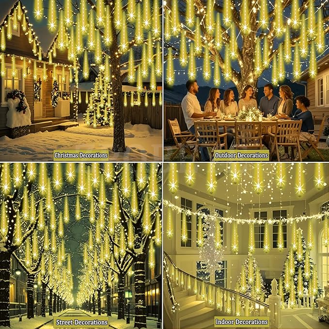 Outdoor Meteor Shower Christmas Lights 24-Tube 576LEDs Shooting Star Waterfall Meteor Shower Falling Rain Light for Christmas Tree Decorations Wedding Party Holiday Garden, UL Plug Warm White-Ruum Studio Home