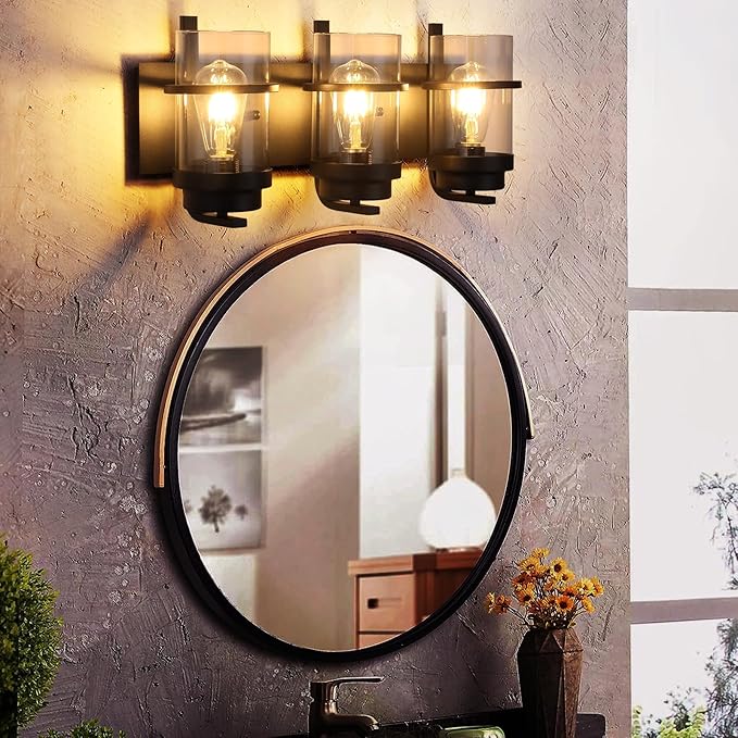 Bathroom Vanity Light Fixtures,Rustic Matte Black Vanity Lights 3 Bulb,Industrial Bathroom Light 3 Pack(Bulbs not Included)-Ruum Studio Home