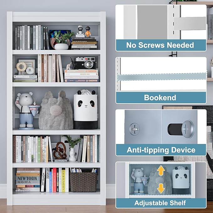 Bookshelf, 5-Tier Sturdy Bookcase, Adjustable Book Shelf, Large Capacity per Shelf, Modern Book Shelf for Living Room, Home Office, Garage, Ideal for Home Organization & Stylish Upgrades-Ruum Studio Home