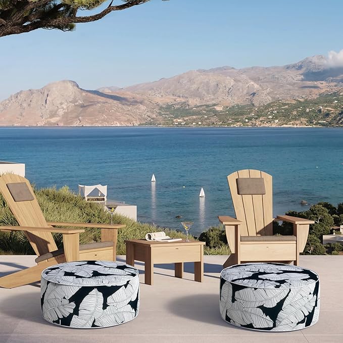 Inflatable Ottoman Stool D21 xH9 for Outdoor/Indoor Use, Water Repellent Patio Foot Rest Stool with Portable Handle,Round Pouf Ottoman Suitable for Garden,Deck and Camping - Black Leaves-Ruum Studio Home