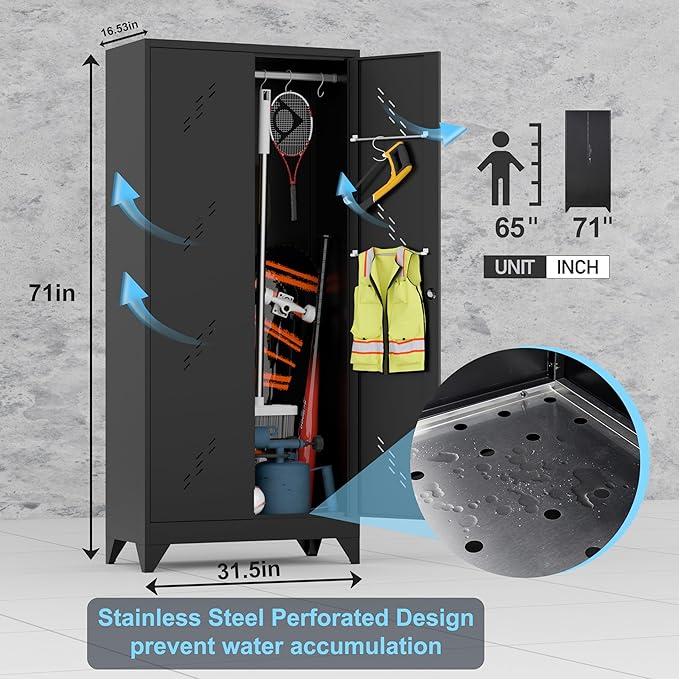 71'' Metal Storage Cabinet with Doors, Multifunctional Bathroom/Garage Lockable Steel Cabinet, Broom Closet Storage with Hanging Rod (Style-1)-Ruum Studio Home