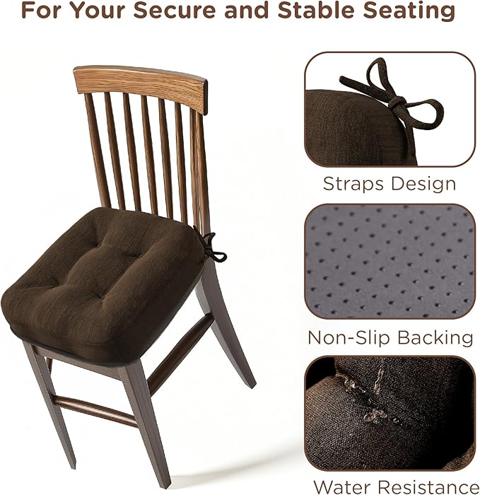 Codi Dining Chair Cushions 2 Pack, Thick Chairs Pads for Indoor Kitchen Room - Washable, Non-Slip Memory Foam Seat Cushion with Ties, 16.5"x16.5"x 3.5", Set of 2, Brown-Ruum Studio Home