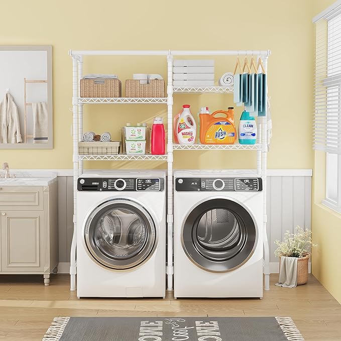 U14 Over Washer and Dryer Storage Shelves, 4 Tiers Laundry Room Storage and Organizer System, Space Saving Clothes Drying Rack with 2 Clothes Hanger Rods, 66.5" W x 20.5" D x 77.4" H, White-Ruum Studio Home