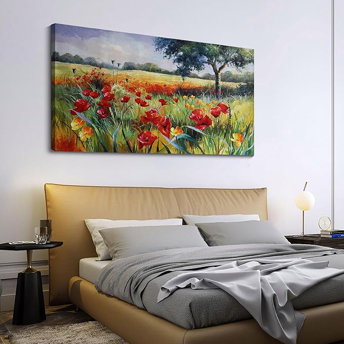 Wall Decor for Living Room Large Wall Art Green Trees Red Yellow Flowers Canvas Art Wall Decor for Bedroom Modern Home Decor Framed, Nature Prints Artwork Wall Decorations 24x48-Ruum Studio Home