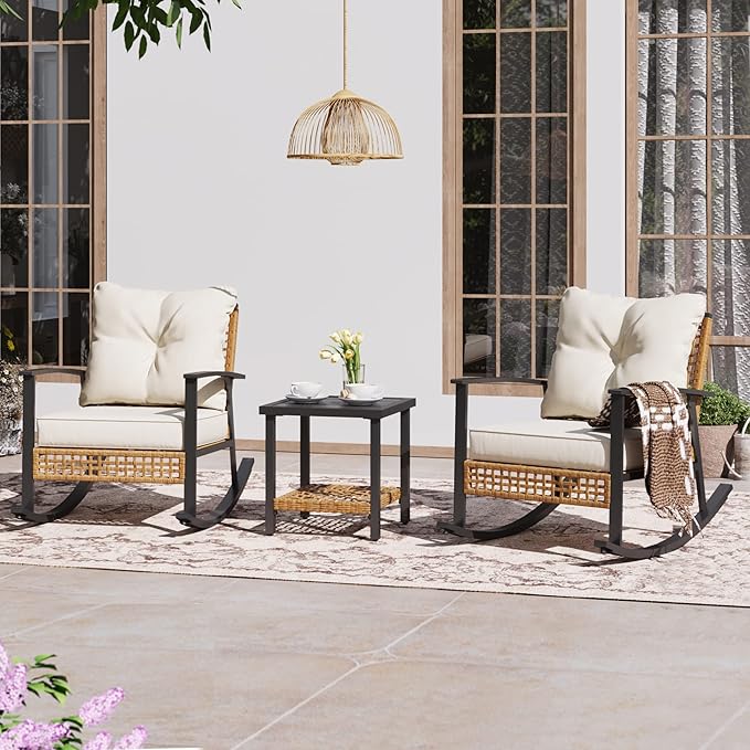 LAUSAINT HOME 3-Piece Rocking Bistro Set, Outdoor Patio Furniture with Thick Cushions and 2-Tier Coffee Table, Oversize Rattan Conversation Set for Garden, Balcony, Backyard (Beige)-Ruum Studio Home