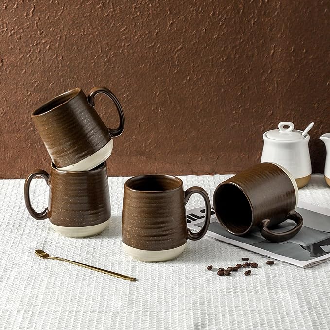 Hasense Ceramic Coffee Mug Set of 4, 15 oz Coffee Cups with Big Handles, Large Latte Mugs for Men and Women, Christmas Cups for Tea, Hot Cocoa, Latte, Cappuccino, Dishwasher Microwave Safe, Brown-Ruum Studio Home