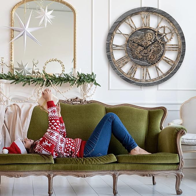 HOIBAI Large Wall Clock, Wall Clocks for Living Room Decor 20 Inch Farmhouse Vintage Rustic Kitchen Wall Decor Vintage Roman Oversized Wall Clock for Home Bedroom House Office, Moving Gears Clock-Ruum Studio Home