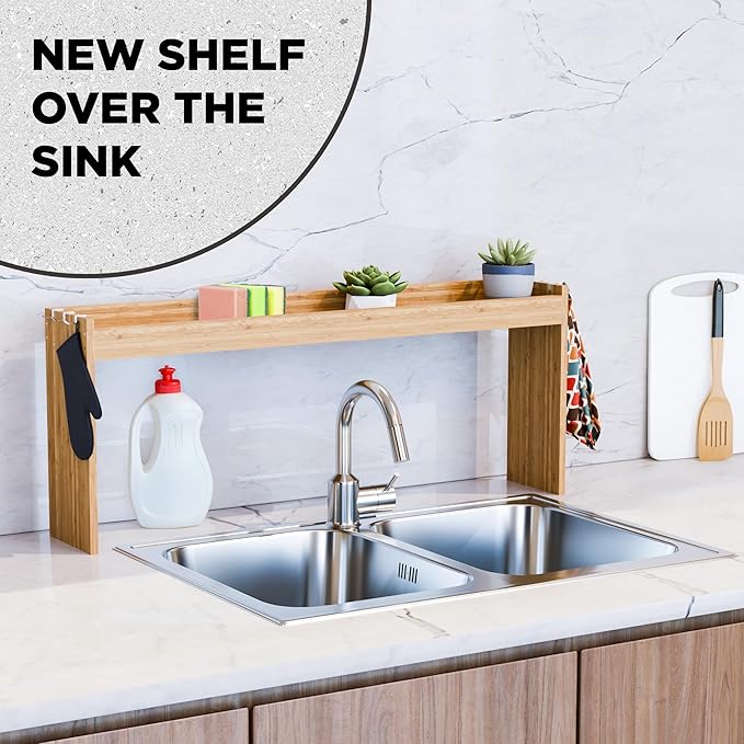 Edgecrest Bamboo Over The Stove or Sink Modern Spice Shelf, No Annoying Middle Screw, 31.5” Wide Storage, 11.4” High Countertop Shelf, 6 Side Hooks, Easy to Assemble, Eco-Friendly Durable Material-Ruum Studio Home