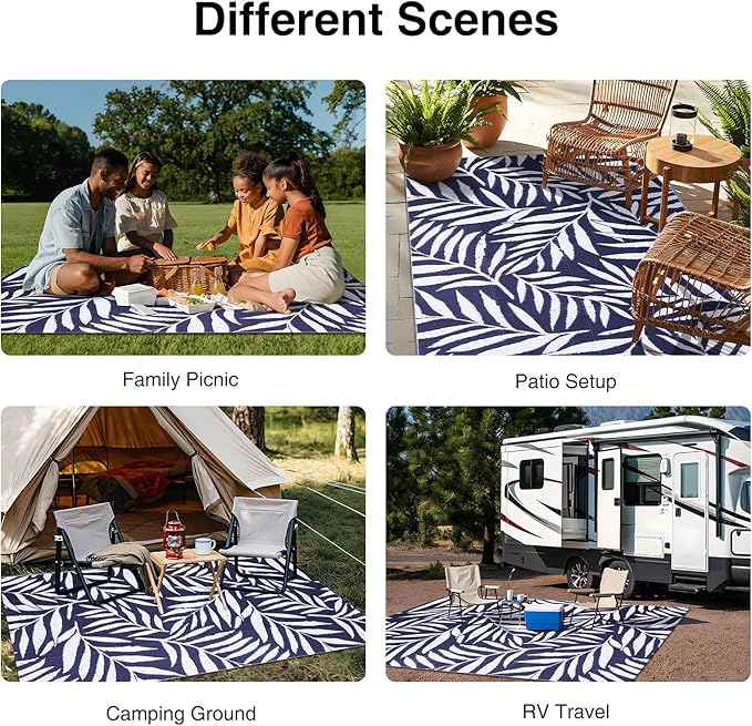 OLANLY Waterproof Outdoor Rug 5x8 ft, Reversible Outdoor Plastic Straw Rug with Leaf Pattern, RV Mat, Indoor Outdoor Carpet for Patio, Camping, Balcony, Deck, Backyard, Navy & White-Ruum Studio Home