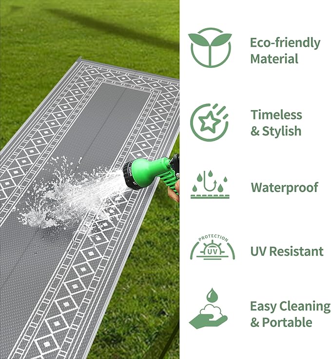 GENIMO Outdoor Rug Waterproof for Patio, 2.5'x8' Foldable Reversible Plastic Straw Runner Rugs and Carpet for Porch, Outside Area Mat for Rv, Deck, Picnic, Camper, Balcony, Beach, Grey & White-Ruum Studio Home