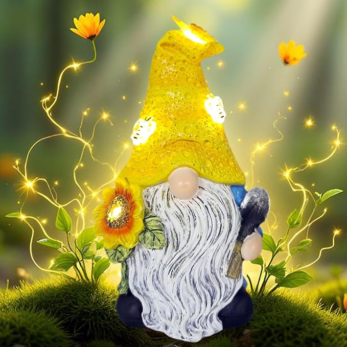 Garden Gnomes Outdoor Decor Solar Gnomes Statues with Butterfly Bee Sunflower Led Lighted Dwarf Outside Decorations for Yard Patio Lawn Ornaments Gifts for Women Mom-Ruum Studio Home