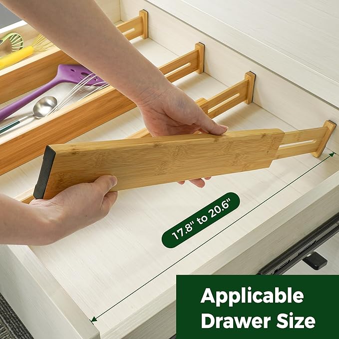 Utoplike 4 pcs Bamboo Kitchen Drawer Dividers Large, Adjustable Drawer Organizers, Spring Loaded, Works in Kitchen, Dresser, Bathroom, Bedroom, Drawer, Desk-Ruum Studio Home