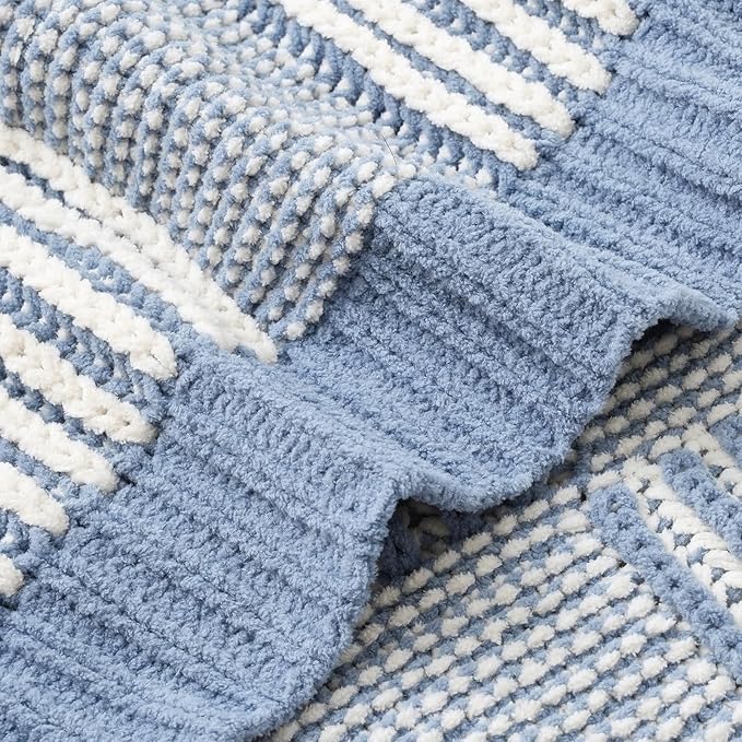 Amélie Home Chenille Knit Throw Blanket for Couch, Checkered Texture Decorative Soft Blanket for Sofa, Bed & Living Room, 50"x60", Blue & White-Ruum Studio Home