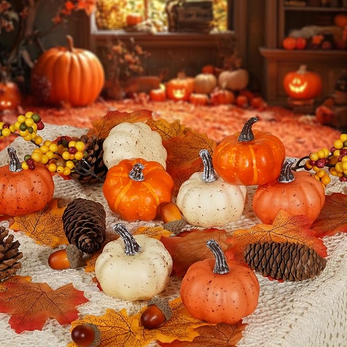 Artmag 51 PCS Artificial Pumpkins, Fall Harvest Decorations with Acorns, Pinecones, Berries, Maple Leaves for Farmhouse Fall Thansgiving Halloween Decor Decoration-Ruum Studio Home