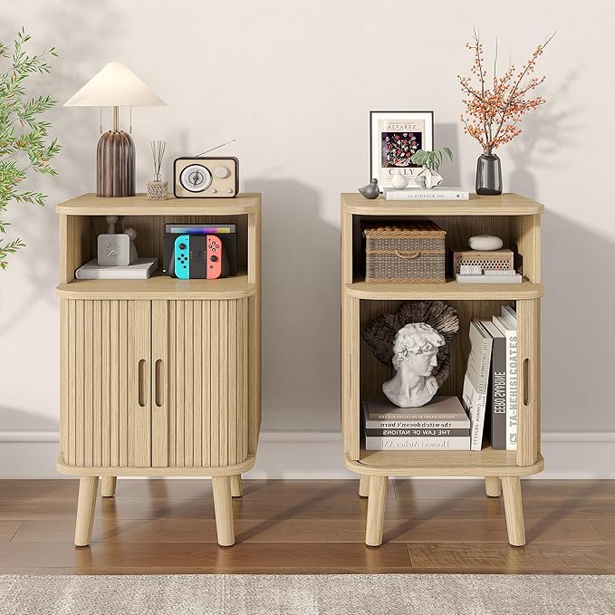 Alohappy Fluted End Table Set of 2, Mid Century Modern Nightstands with Sliding Tambour Door, Curved Round Edge Wood Bedside Table for Bedroom, Side Tables with Storage for Living Room, Natural Oak-Ruum Studio Home