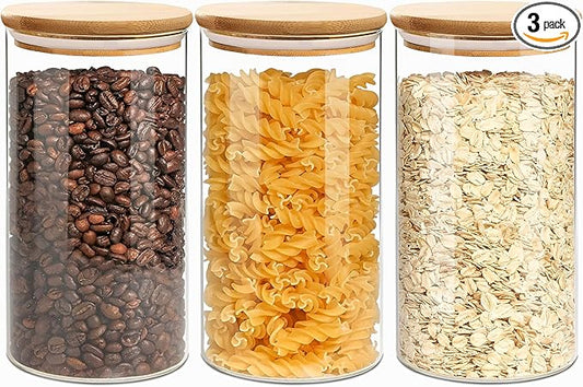 Round Glass Jars Canister with Wood Lid 40 FL OZ [Set of 3], Container Jar with Sealing, Lids for Oat Pasta Flour Cereal Rice Sugar Tea Coffee Beans, Best for Kitchen & Pantry-Ruum Studio Home