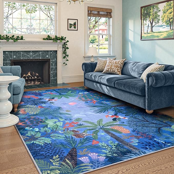 LIVEBOX Washable Bedroom Rug 8x10 Under Bed, Modern Stain Resistant Botanical Rug for Living Room Playroom Kids Boy Room, Non-Slip Jungle Forest Print Rugs for Nursery Baby-Ruum Studio Home