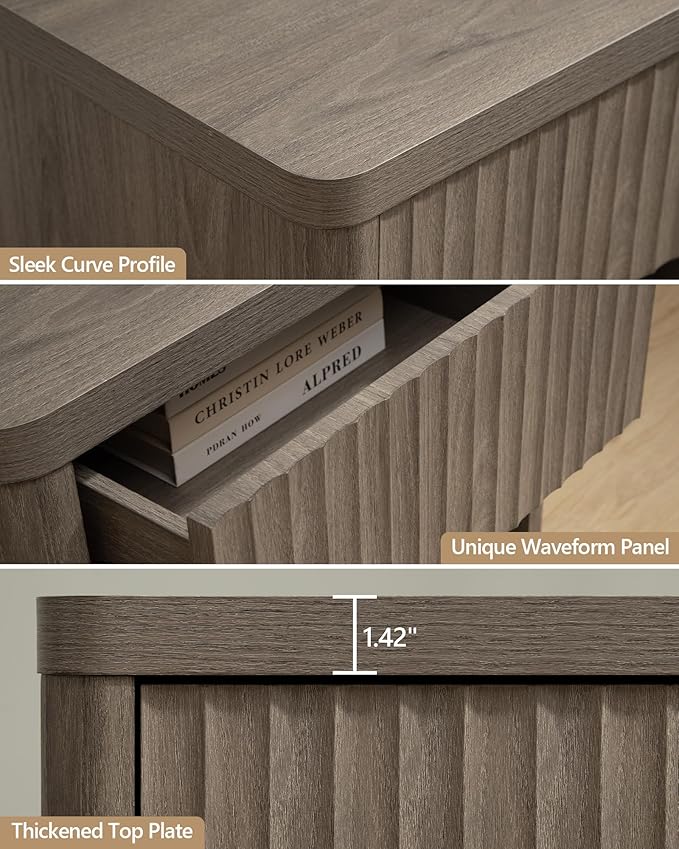 SICOTAS Night Stand Nightstand with Drawer Storage Fluted Bed Side Table End Table Large Modern Wide Bedside Stand Mid Century Night Stands for Bedroom Living Room Sofa Couch Home Office, Grey Alder-Ruum Studio Home