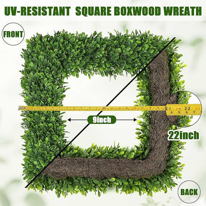 Artgar 22Inch Boxwood Wreath, Spring Wreaths for Front Door, Realistic Green Square Boxwood Wreath for Year-Round Decor, Artificial Summer Wreaths for Wedding Farmhouse Indoor/Outdoor Porch Decor-Ruum Studio Home