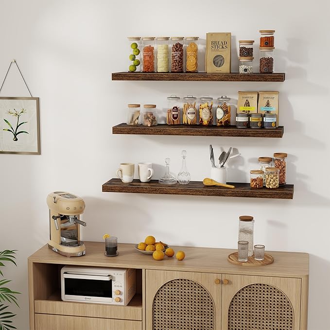 Floating Shelves Wall Shelf 40 Inch, 8 Inch Deep Floating Shelf for Wall, Farmhouse Black Wood Shelves Invisible Bracket for Living Room, Bedroom, Kitchen, 40 x 8 x 1.4 Inch, Set of 2, Rustic Brown-Ruum Studio Home