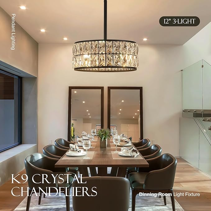 12” 3-Light Modern Crystal Chandeliers Black Dinning Room Light Fixture with Two Poles, Round Pendant Light Kitchen Island Chandelier, Flush Mount Ceiling Light for Living Room Entryway-Ruum Studio Home