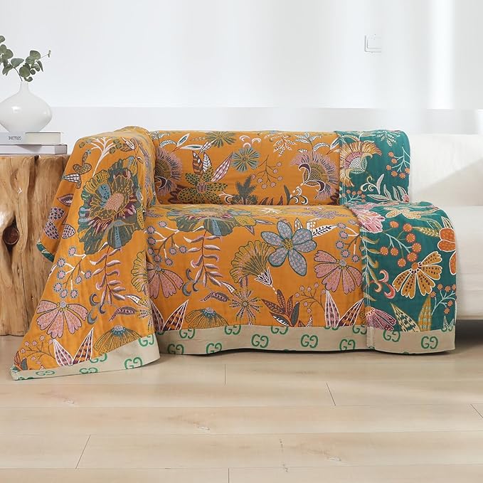 Boho Throw Blankets Reversible Luxurious Cotton Bed Throws with Vintage Bohemian Design & Yellow/Green Lightwight Floral Decor Blanket, Perfect as Bed Sofa Quilt 60" x 80"-Ruum Studio Home