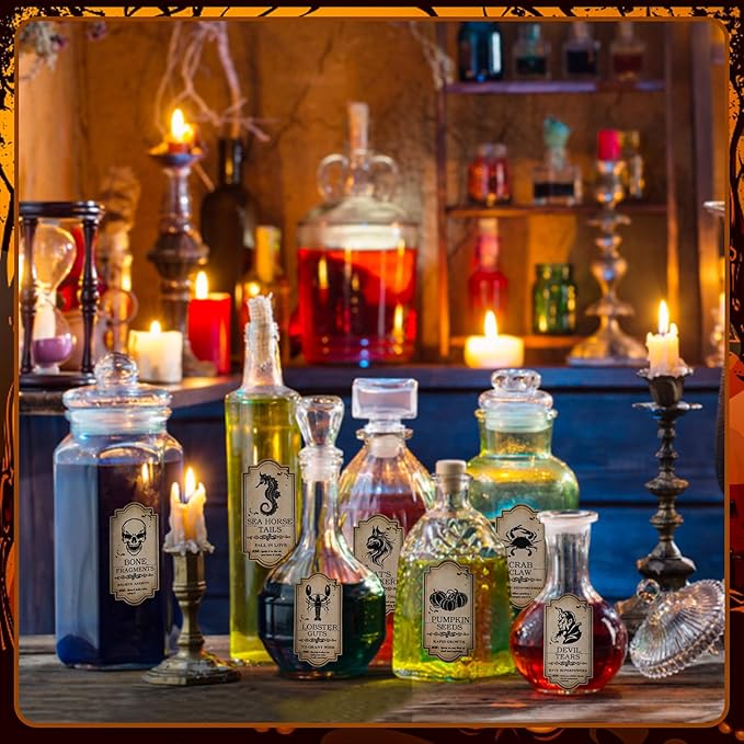 KIMOBER 144PCS Halloween Bottle Labels, Assoeted Vintage Laminated Animal Apothecary Potion Bottles Stickers for Halloween Party Supplies Photo Props-Ruum Studio Home