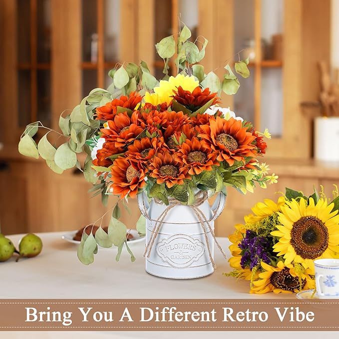 6 Inch Farmhouse Vase Decor Milk Can Vintage Flower Jug Galvanized Metal Vase with Handle Rustic Flower Buckets for Thanksgiving Christmas Table Centerpiece Weddings Gifts(Retro White,2 Pcs)-Ruum Studio Home