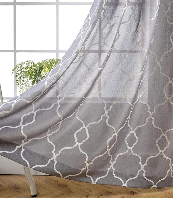MIUCO Moroccan Embroidered Semi Sheer Curtains Linen Look Grommet Curtains for Living Room 52 x 84 Inch Set of 2, Grey-Ruum Studio Home