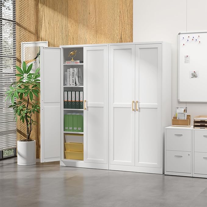 Kitchen Pantry Cabinet,71”White Metal Pantry Storage Cabinet with Doors and 4 Adjustable Shelves,Kitchen Cabinet with 2 Gold Handles,Tall Cabinet for Livingroom,Pantry, Bathroom,Kitchen-Ruum Studio Home