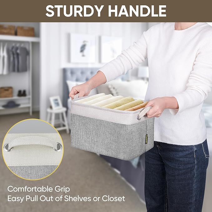 BALEINE 2 Pack Fabric Storage Bins for Shelves, Linen Storage Baskets for Organizing, Decorative Closet Bins for Clothes, Home (Grey, 12"x8"x8")-Ruum Studio Home