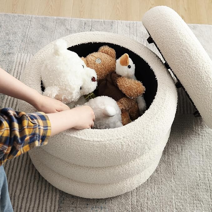 ONEVOG 20" Round Storage Ottoman with Removable Lid, Off-White Boucle Fabric Footrest Pouf, Sherpa Tufted Small Coffee Table Vanity Ottoman Foot Stools for Living Room Couch, Bedroom, Dorm, Nursery-Ruum Studio Home