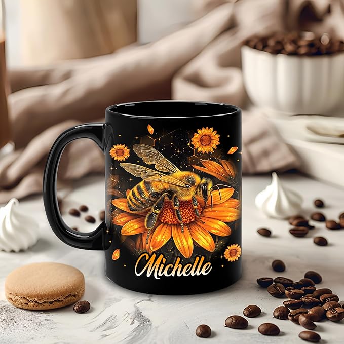 Hyturtle Personalized Sunflower Bee Mug - Bee Keeper Gifts For Women Lovers Teacher - Honey Gifts For Beekeeper Farmer On Birthday - Queen Honeycomb Decor - Custom Coffee Cup Ceramic Mug 11 Oz 15 Oz-Ruum Studio Home