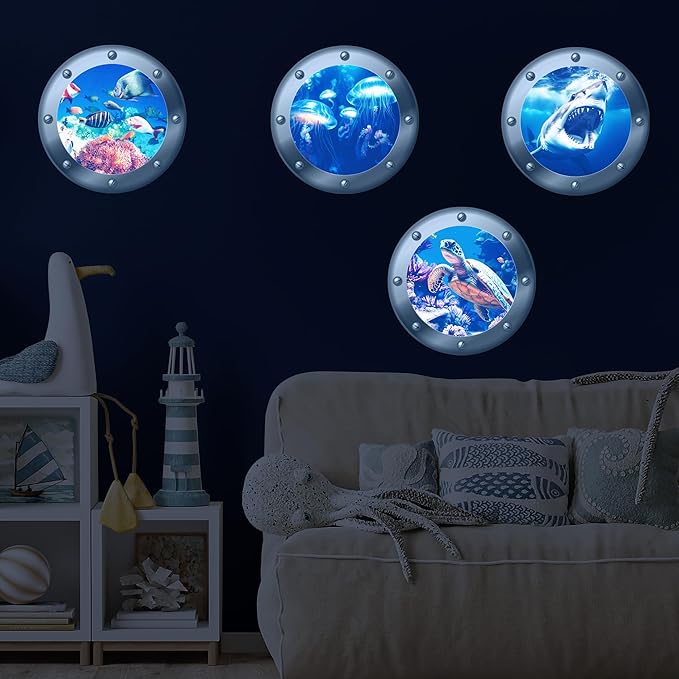 3D Ocean Animals World Wall Stickers Glow in The Dark, 4 Pcs Sharks Turtles Jellyfishs Removable Decals for Kids, Vinyl Stickers for Ceiling (Blue)-Ruum Studio Home